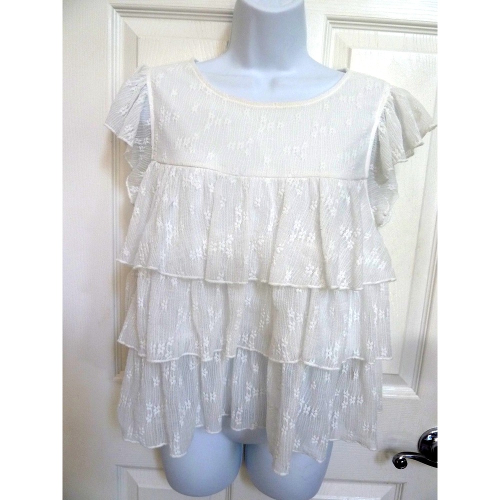 Hem & Thread White Ruffled Gauzy Tiered Top Cropped Blouse Med